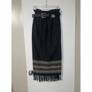 Vintage Karen Kane Long Skirt Wool Wrap Gray Stripe With Fringe And Belt Medium